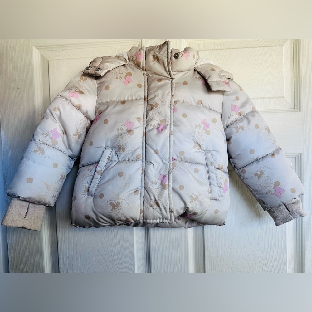 GAP Light Beige Puffer Jacket with Pink Minnie Accents